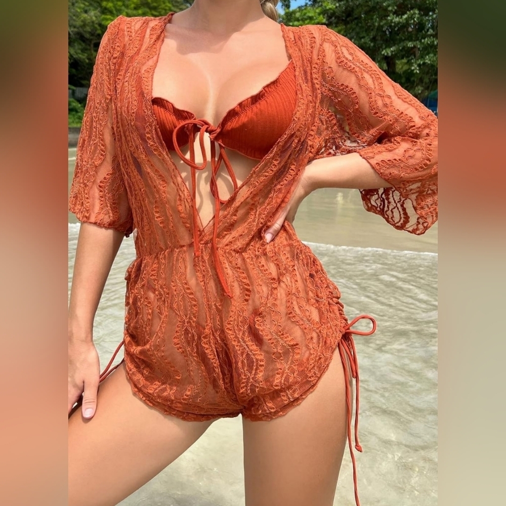 Sheer Lace Rust Swim Coverup Romper and Bikini set